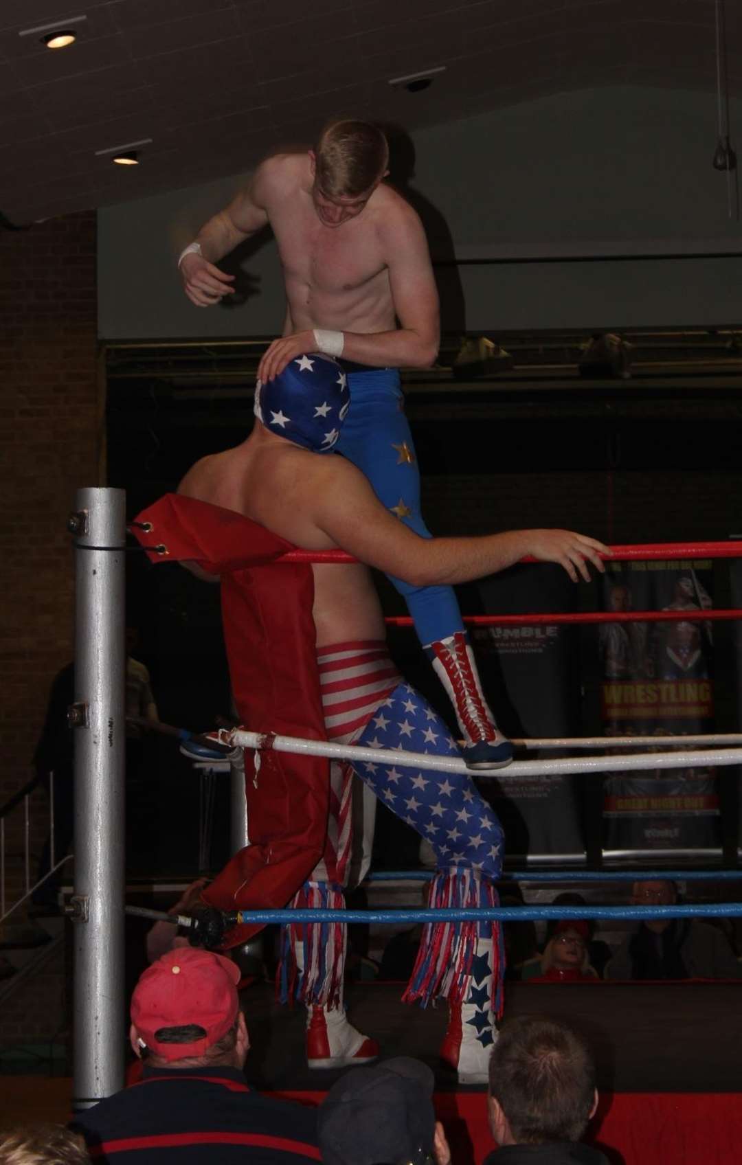 Syd Manelli gives Mr USA a pounding in the final of Rumble Wrestling's championship bout at Kemsley village hall (6296677)