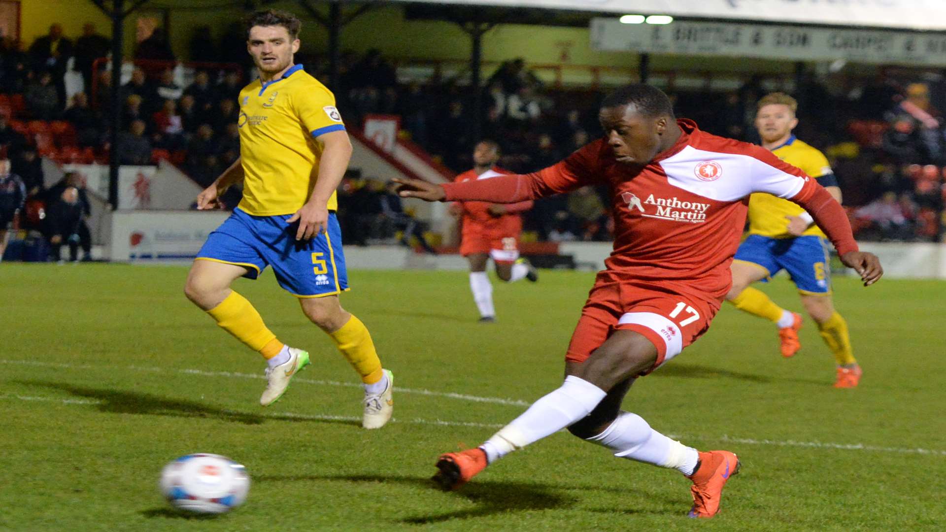 Welling's Afolabi Obafemi scores the winner against Lincoln. Picture: Keith Gillard