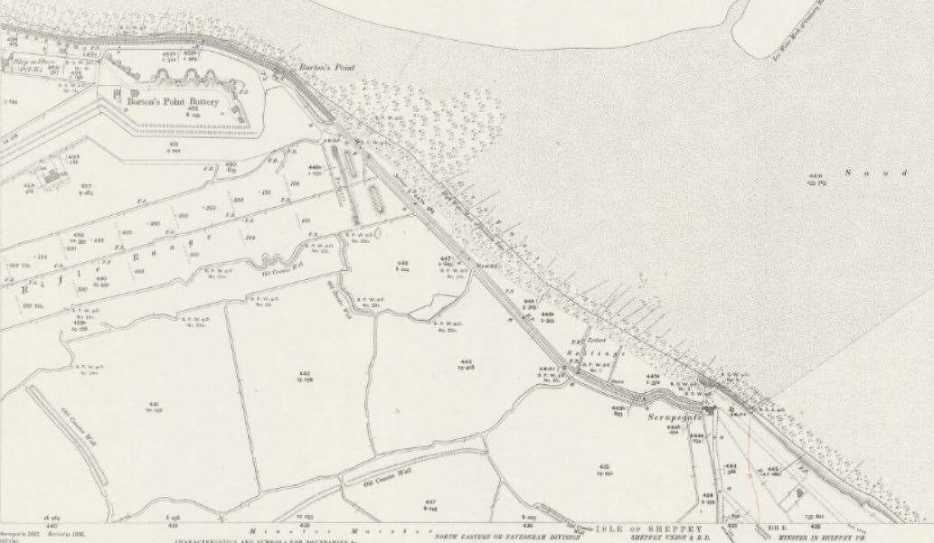 Old map showing the length of the covered way between Sheerness and Minster on Sheppey
