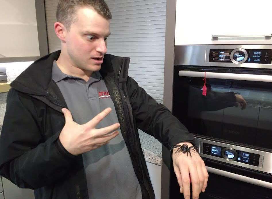 Seb Pollard plays acts with the fake spider after his brother's prank. Picture: Seb Pollard