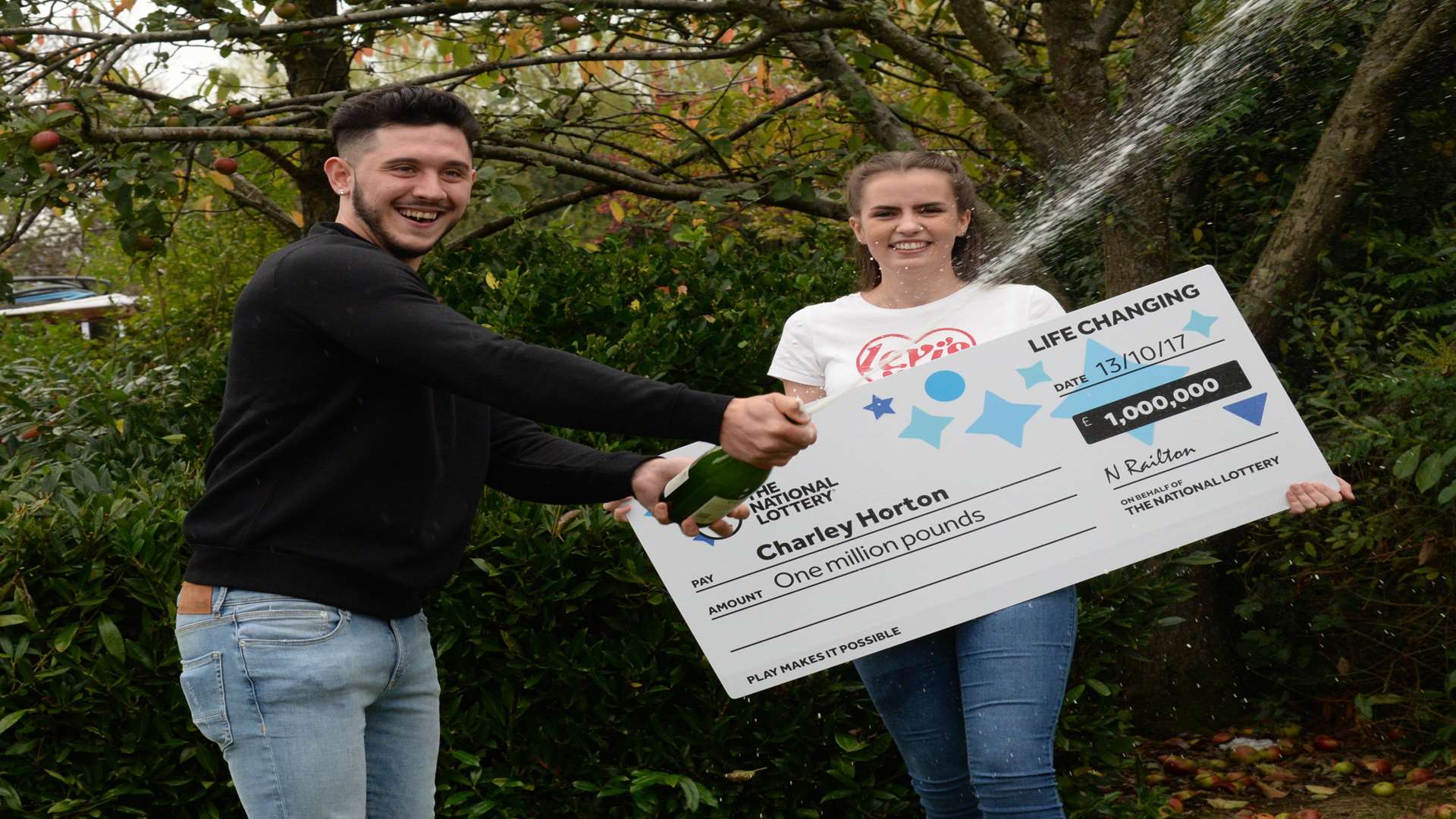 Charley Horton and girlfriend Emma Fisher of Ashford who broke the Friday 13th curse by winning £1 Million on the National Lottery.