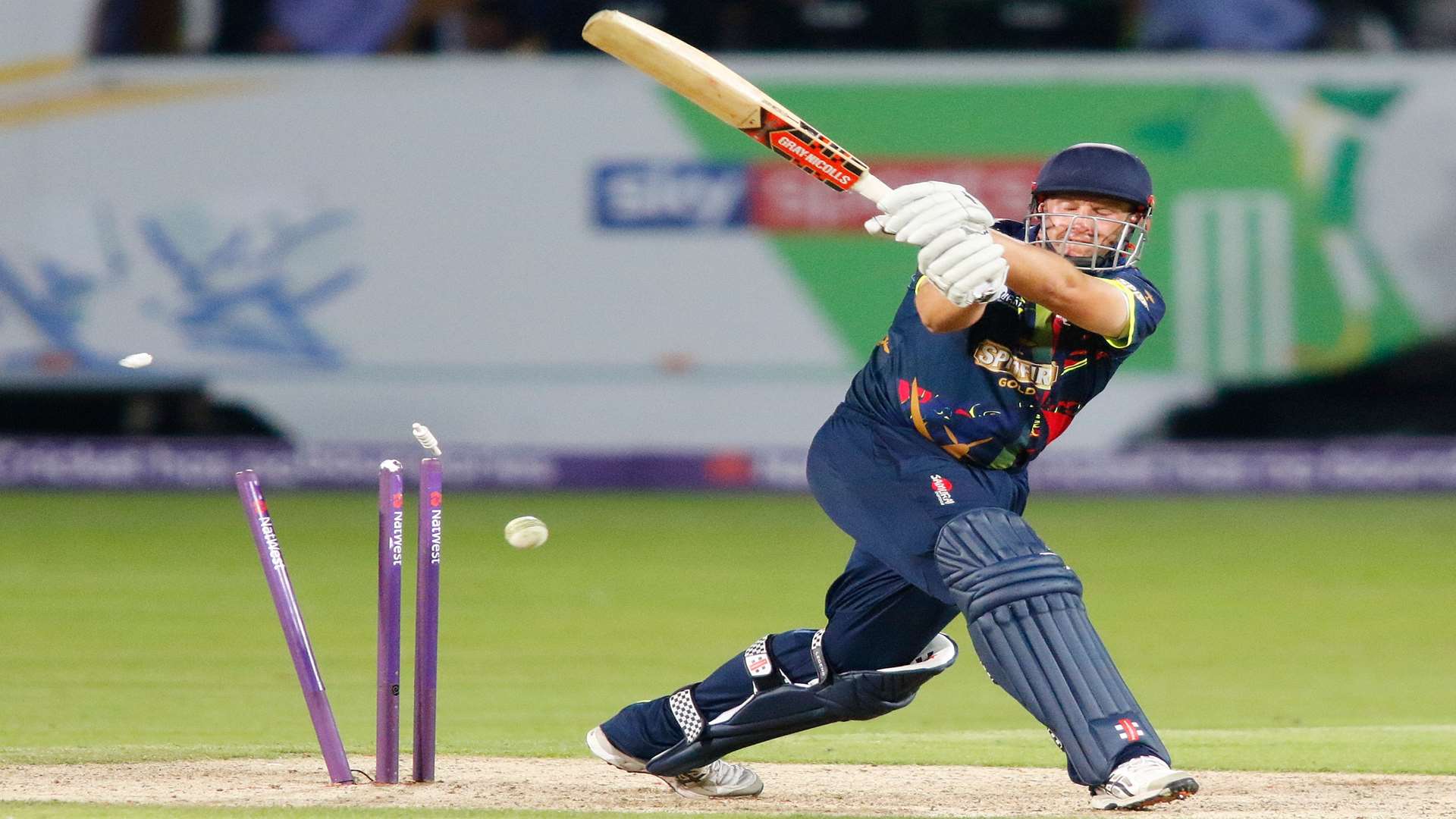 Kent Spitfires' James Tredwell is bowled against Gloucestershire Gladiators Picture: Andy Jones