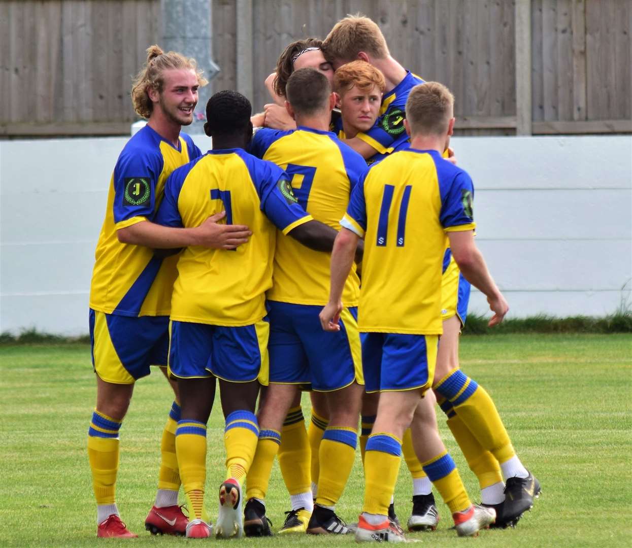 Sittingbourne celebrate Roman Campbell's goal at Whitstable Picture: Ken Medwyn (15521021)
