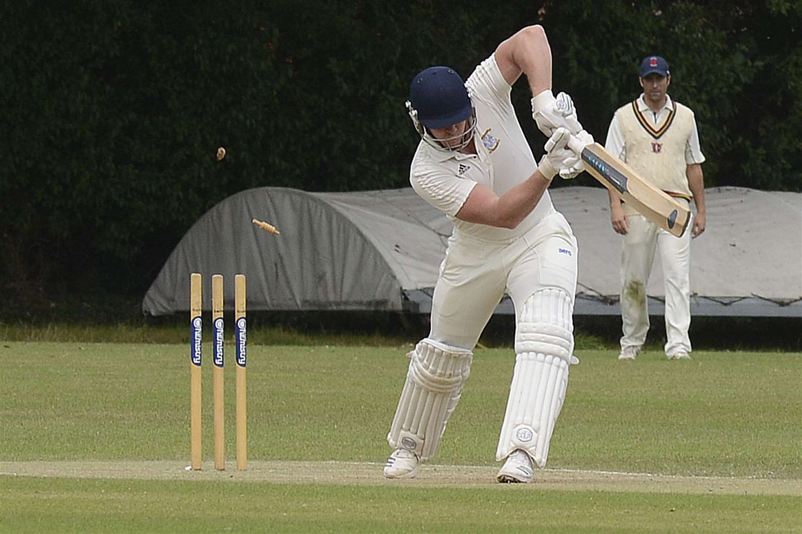 Canterbury's Justin MacVicar is bowled first ball by Beckenham's Will MacVicar. Picture: Paul Amos