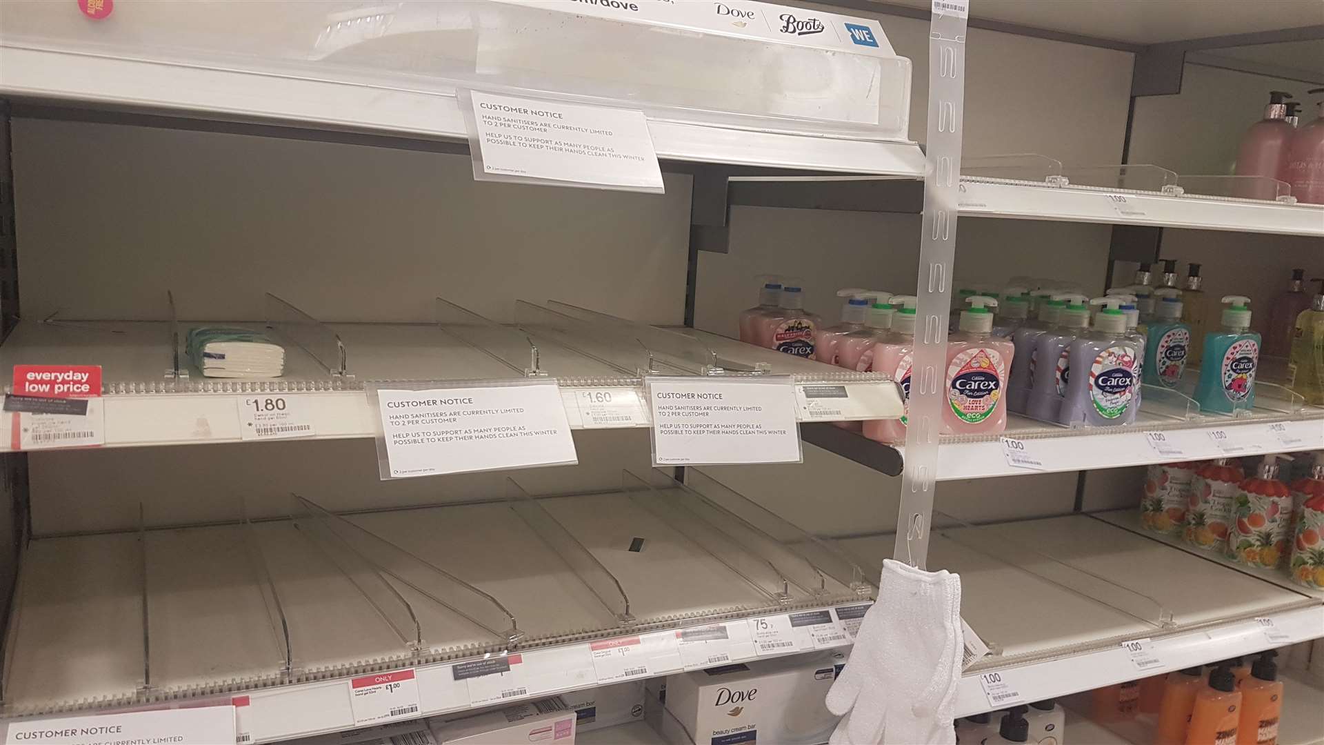 Reports emerge of empty shelves in stores across the county as people race to buy hand sanitiser. Many stores start to limit the number of bottles that can be bought by individual customers. Pictured is the display at Boots in Maidstone.