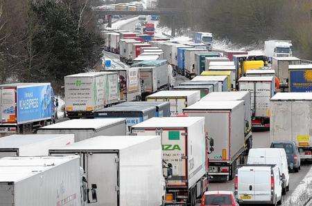 Stranded cars and lorries in three lanes of traffic on the coastbound M20 near to junction 10.