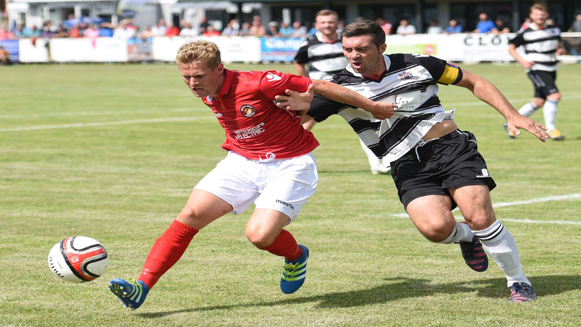 Jordan Parkes on the ball during Ebbsfleet's pre-season friendly at Deal Town Picture: Alan Langley
