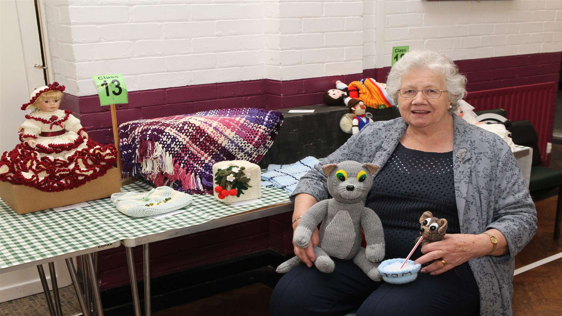 Joyce Dutton with her "Tom and Jerry" knitting entry at the Eastchurch Gardening Society Spring Show