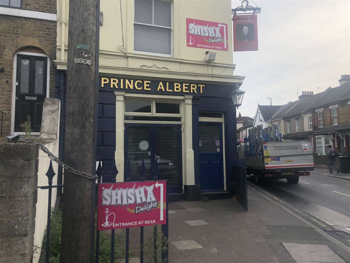 The Prince Albert pub in Wrotham Road, Gravesend, with Shisha Delight signs