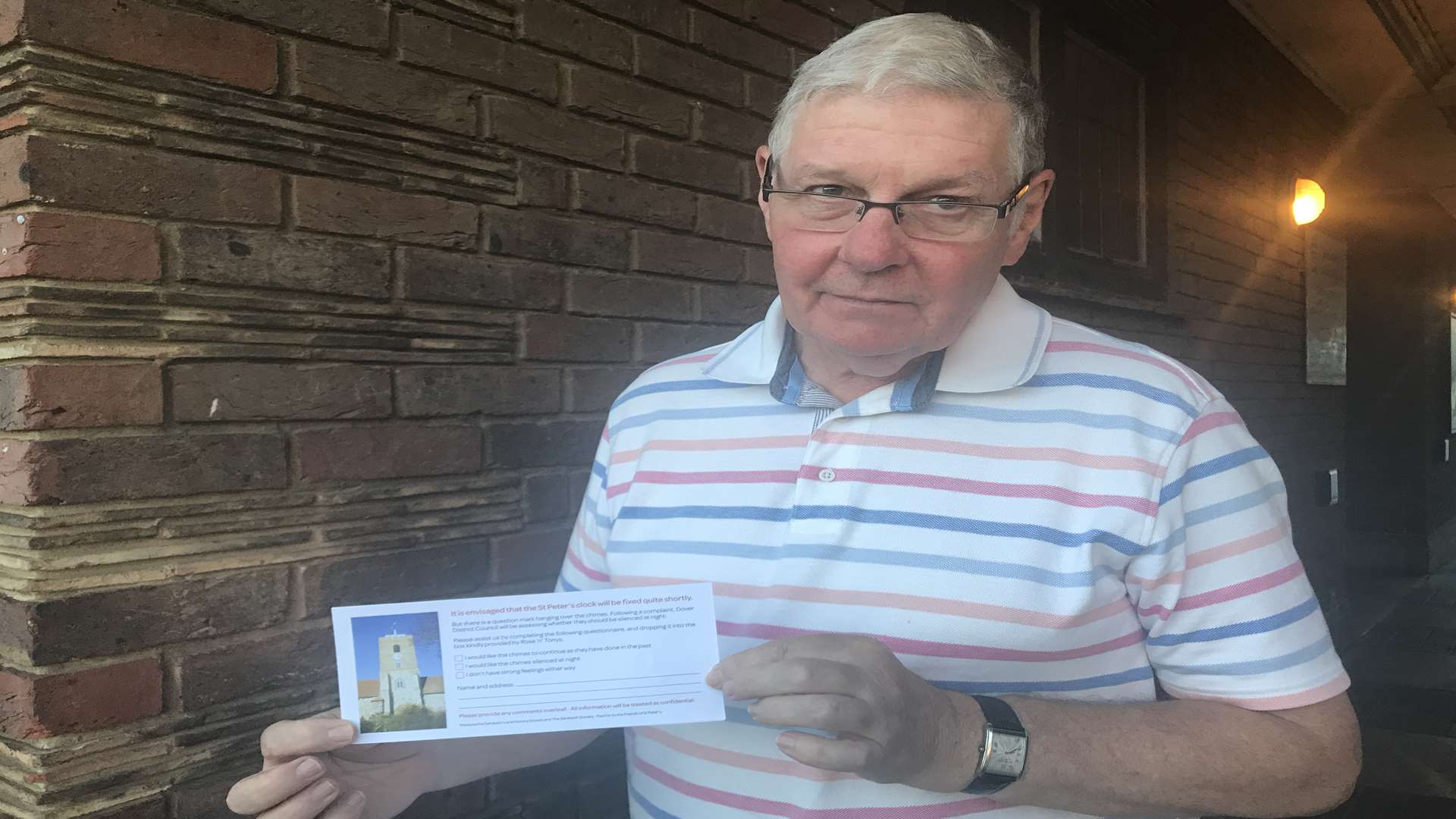 Chairman of Sandwich Local History Society John Hennessy with the survey sheet they distributed to people living in a close proximity to the clock