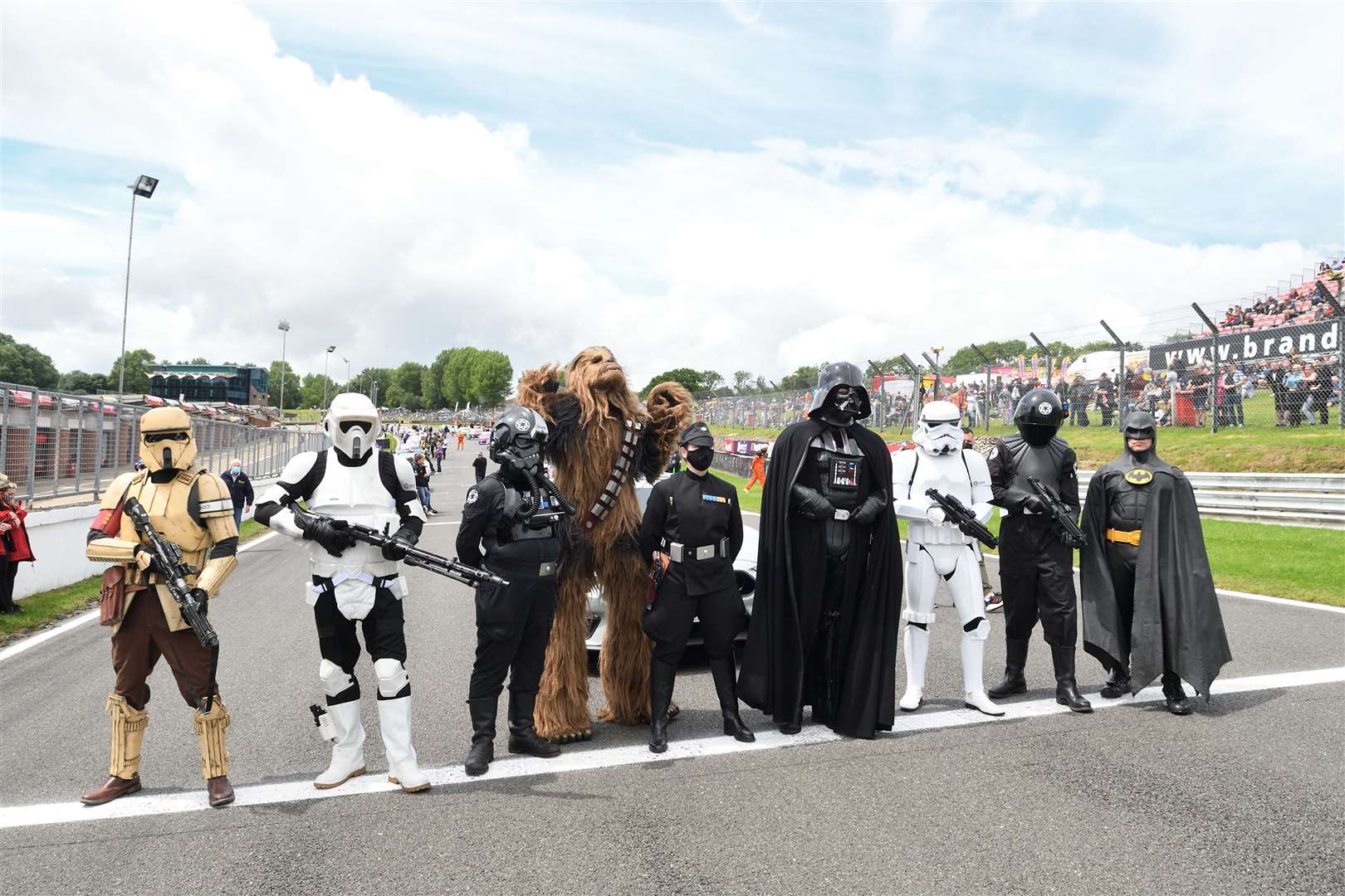 Star Wars characters and Batman on the grid for the opening ceremony, before the start of the NASCAR Whelen Euro Pro race Picture:Simon Hildrew