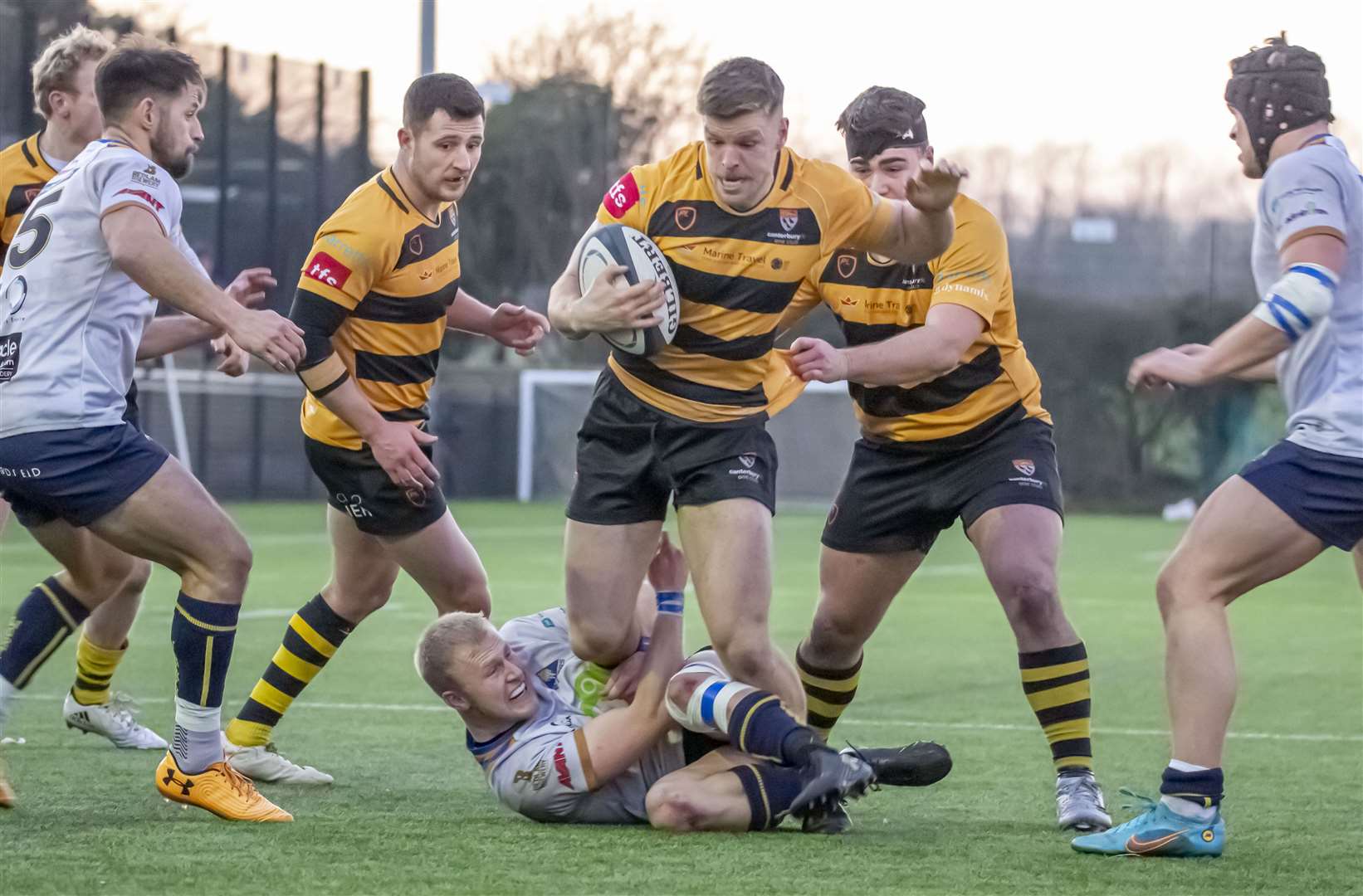 Canterbury's Sam Sterling battles to escape Worthing Raiders' clutches. Picture: Phillipa Hilton