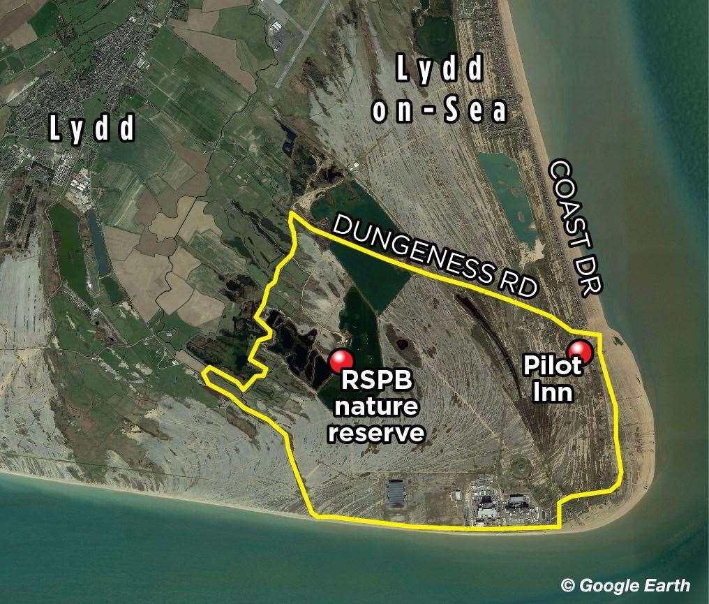 The route of the walk around the Dungeness headland on Romney Marsh