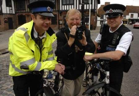 PCSO Ian Norton, Mayor of Sandwich Cllr Joe Trussler and PC Ian Woodland with the speed gun. Picture: Terry Scott