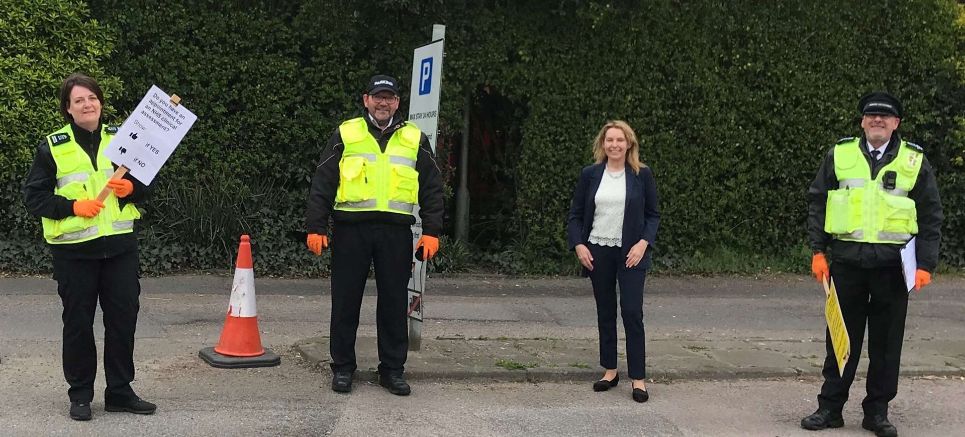 MP Natalie Elphicke with Dover District Council traffic officers at the new coronavirus assessment centre