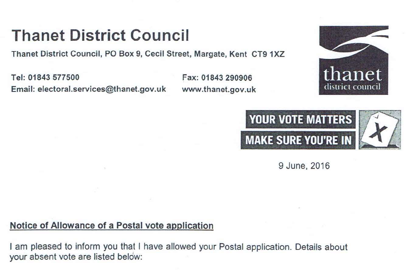 The letter from Thanet District council had a logo in the top right corner reading 'Your vote matters make sure you're in'