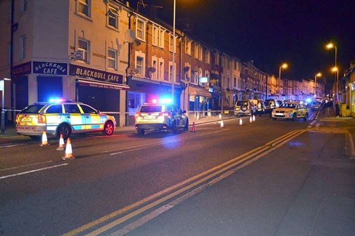 Police parked cars at the end of Black Bull Road while officers investigated the scene of the attack. Picture: @Kent999s