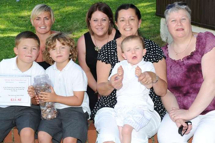 Toby and Caleb Mitchell with mum Kelly Mitchell, Harry’s mum Jenny Lawrence, and Harry with his nans Susan Smith and Christine Lawrence