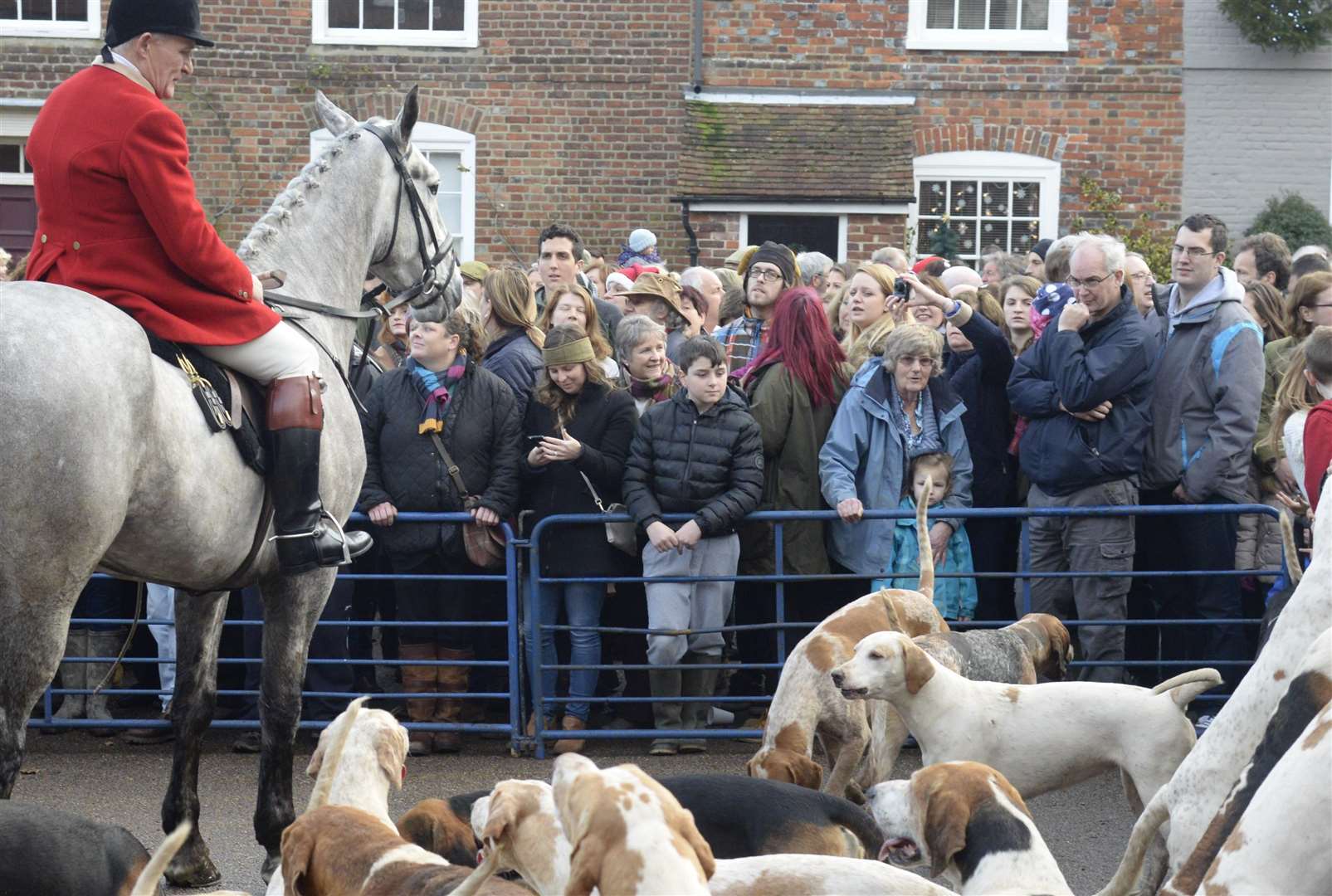The scene in Elham village square at a meet of the hunt