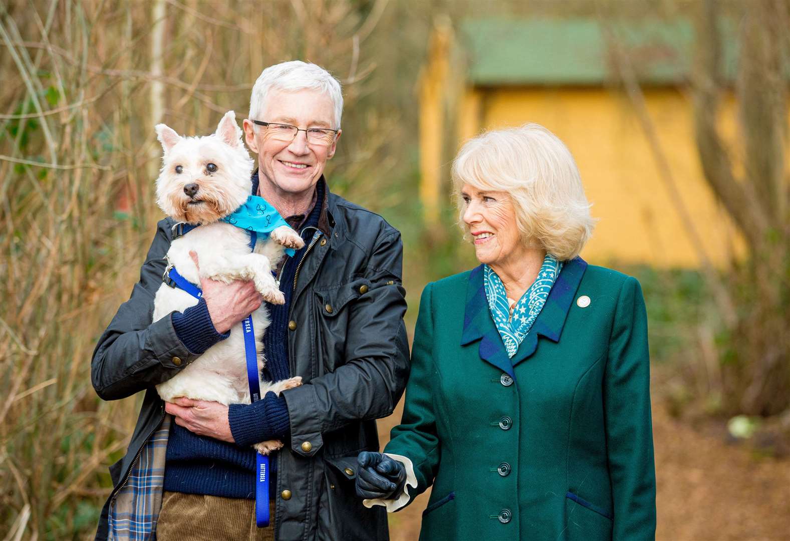Her Majesty The Queen Consort joins Battersea Ambassador Paul O'Grady and George the West Highland White Terrier at Battersea Brands Hatch site in Kent. Photo: Richard Lea-Hair / Battersea Dogs & Cats Home