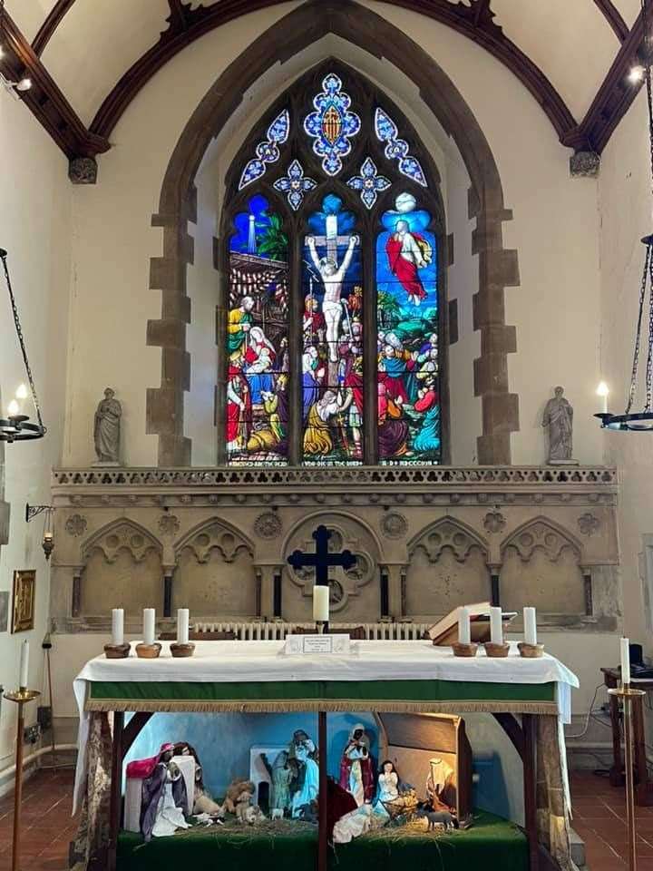 Now: the 150-year-old Clutterbuck stained-glass window is back at Borden church. Picture: Fr Robert Lane