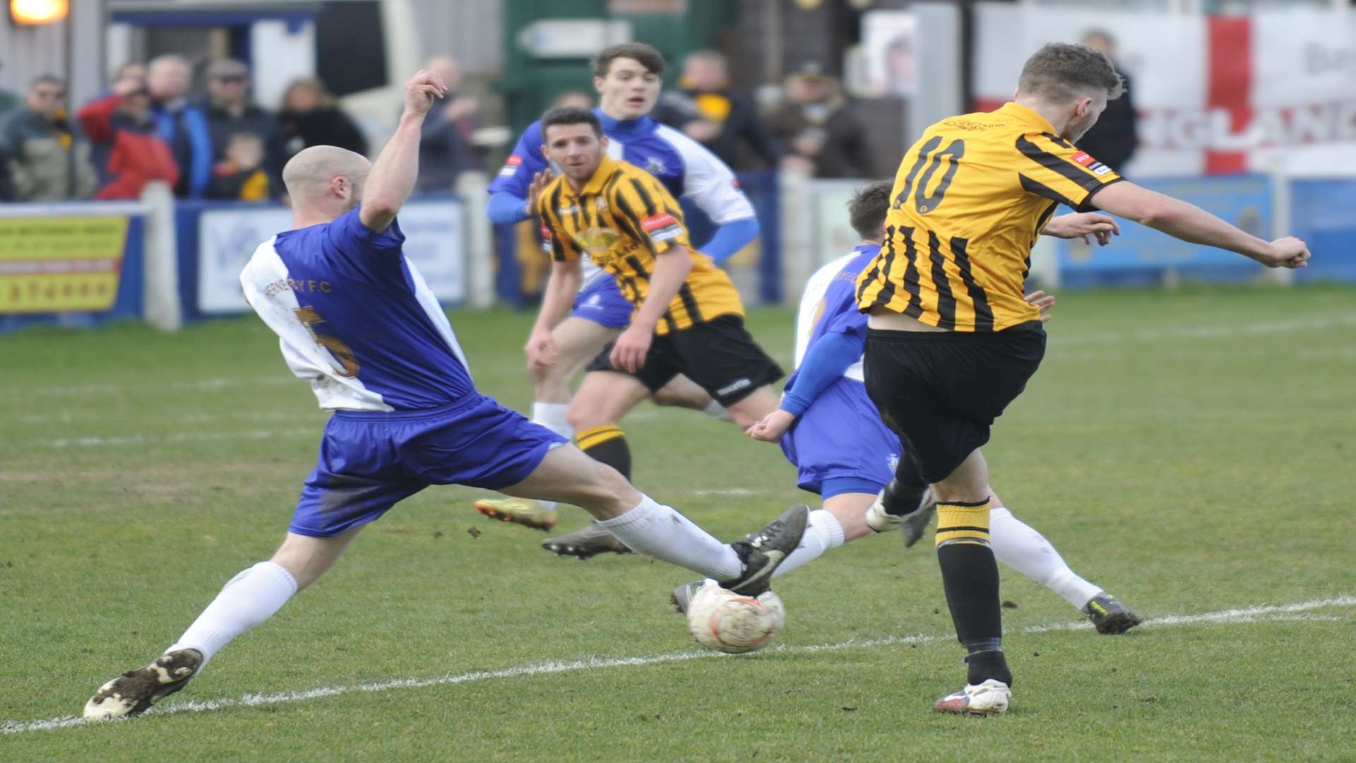 Harry Smith scores for Folkestone at Herne Bay Picture: Tony Flashman