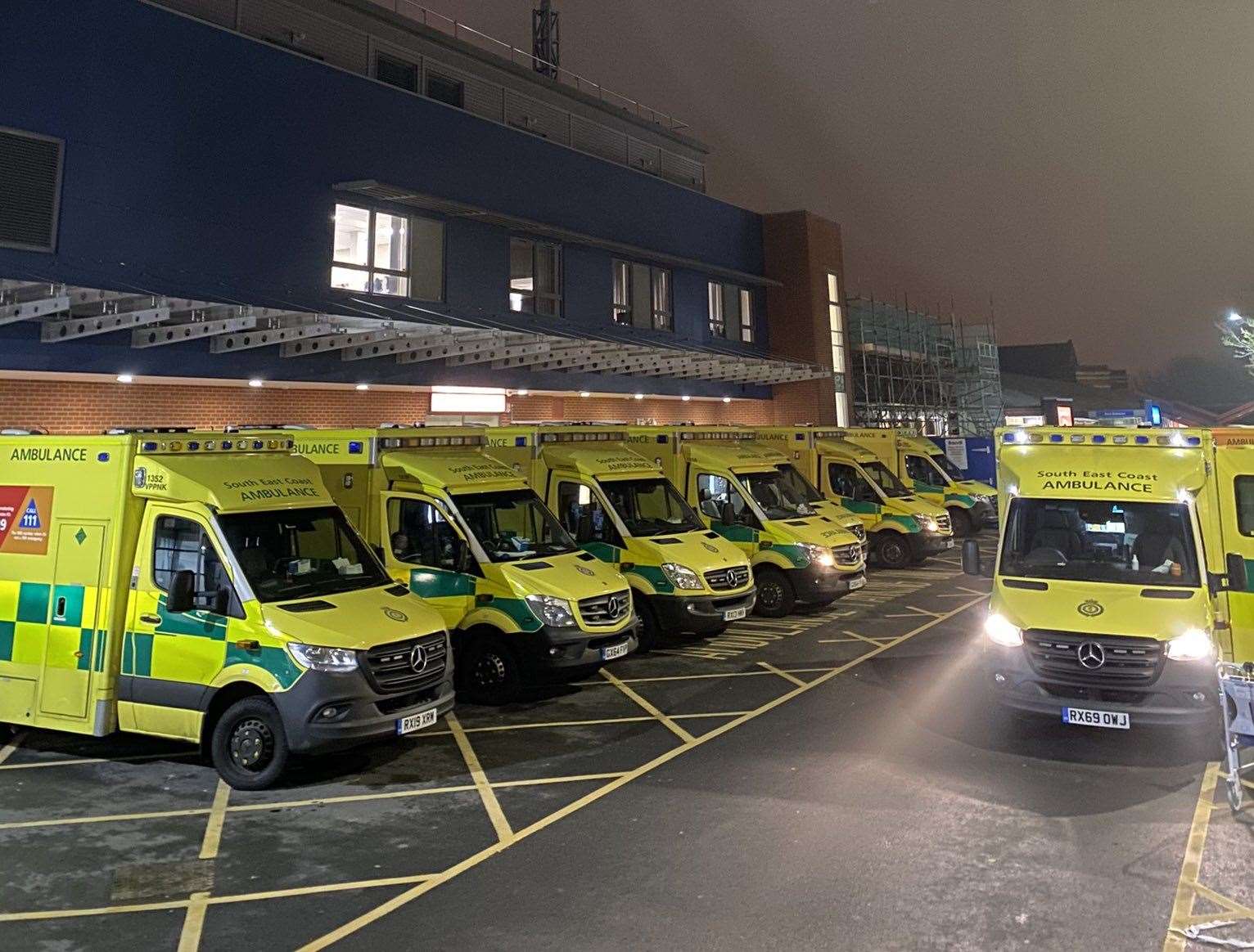 Ambulances waiting outside Medway hospital on December 29. Picture: Cameron Walker