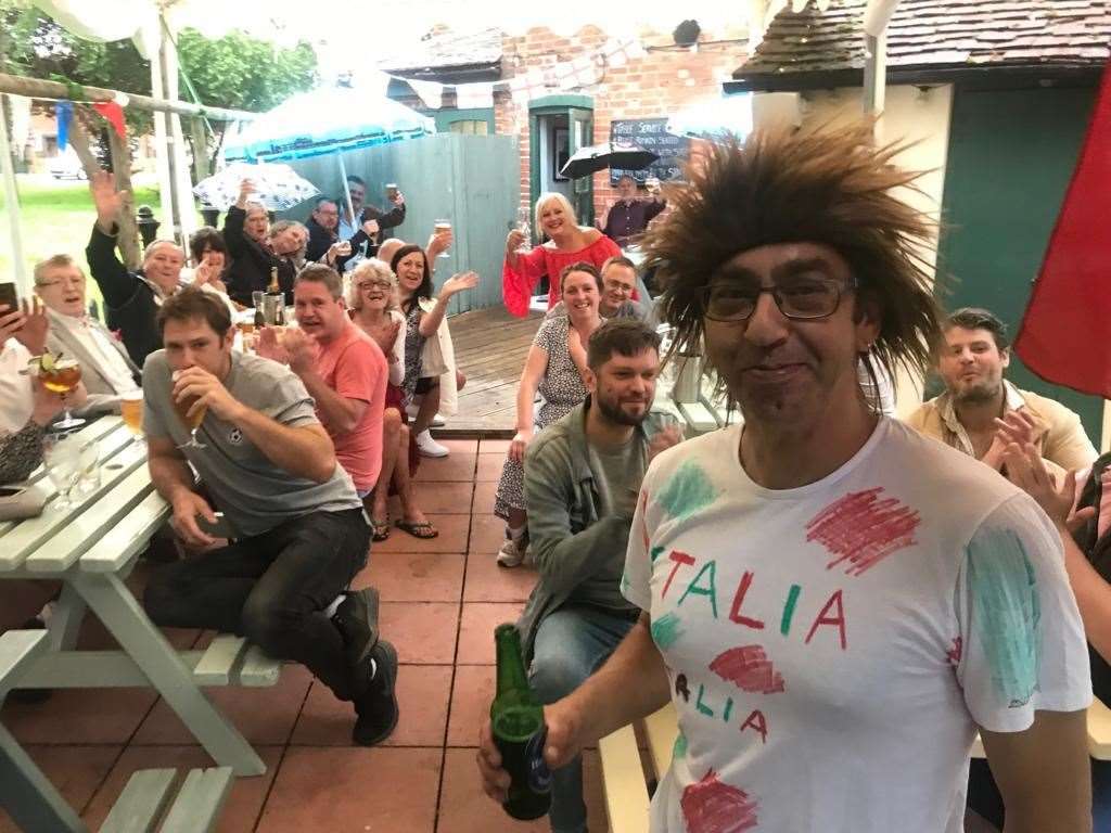 Chef Fabio with locals at The Scared Crow in West Malling during Italy's 2021 Euros final victory