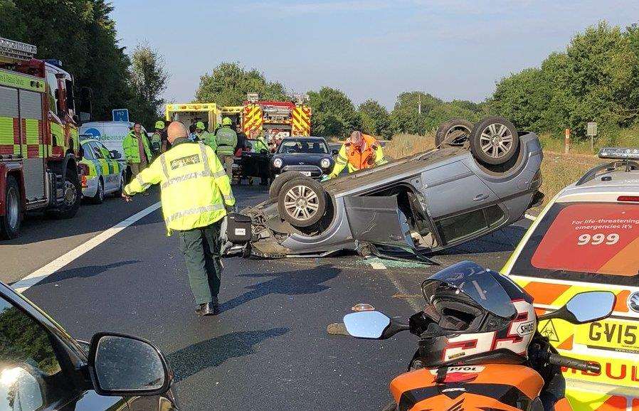The overturned car on the M2. Picture: Laszlo Csoke