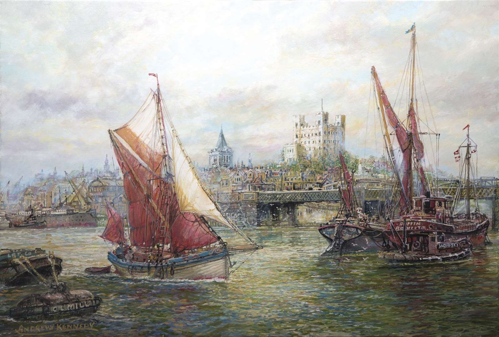 A painting by John's close friend Andrew Kennedy with the 'Hobbit' tug in the foreground under the Rochester Bridge