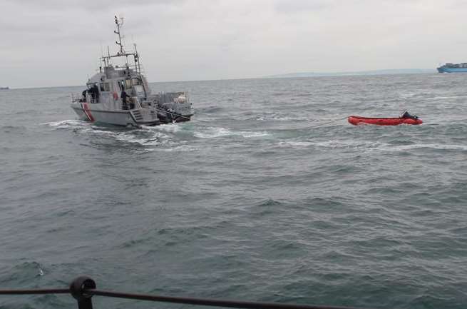 The inflatable boat is towed back to France. Photo by Dover RNLI