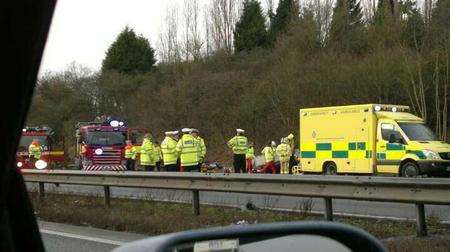 Emergency services at the scene of the M20 crash.