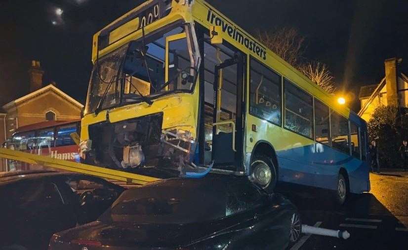 The bus crashed at Lingfield Railway Station in Surrey. Picture: UK News in Pictures