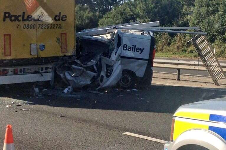 Crash earlier this morning on the M20 near Brands Hatch. Picture@ @Kent_999s