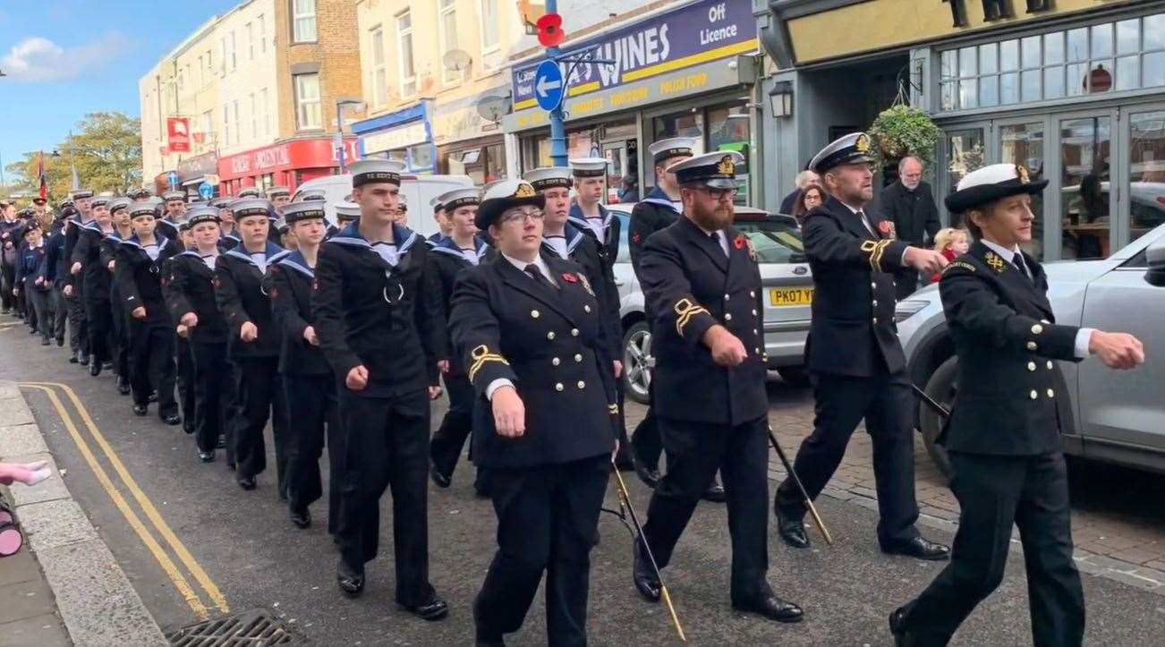 Sheppey Sea Cadets marching through Sheerness on a Remembrance Sunday