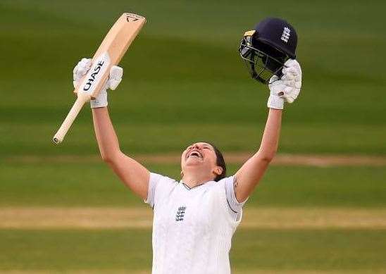 Tunbridge Wells-born Alice Davidson-Richards celebrates her maiden Test century for England. Picture: Getty Images