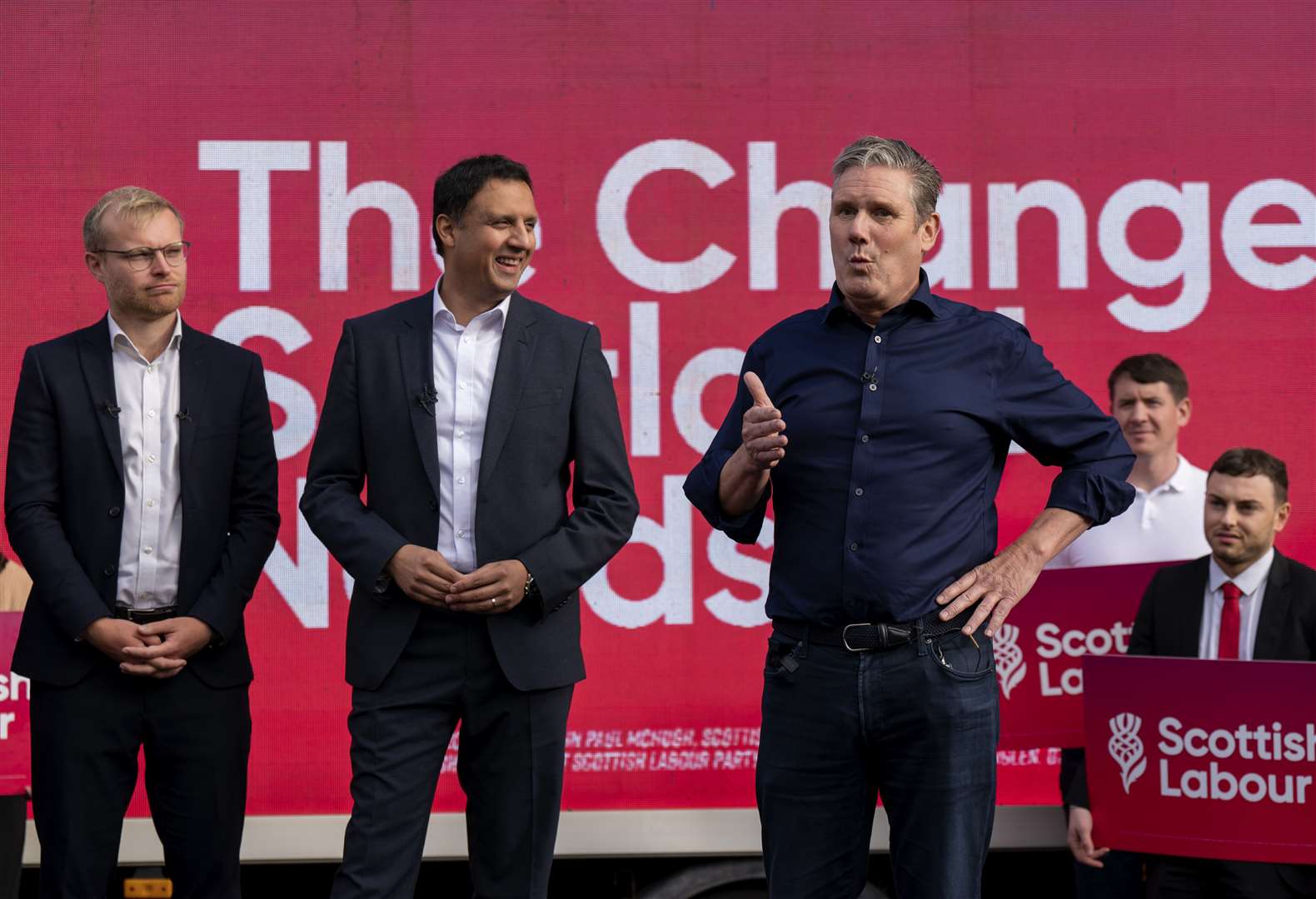 Sir Keir Starmer visited the Rutherglen seat on Friday with Scottish Labour leader Anas Sarwar, centre, to celebrate the party’s newest MP, Michael Shanks, left (PA)