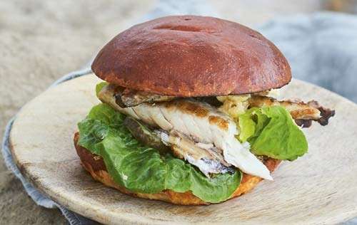The Campfire Cookbook: Fried Mackerel with Horseradish Butter, Gherkins and Lettuce in Brioche Buns