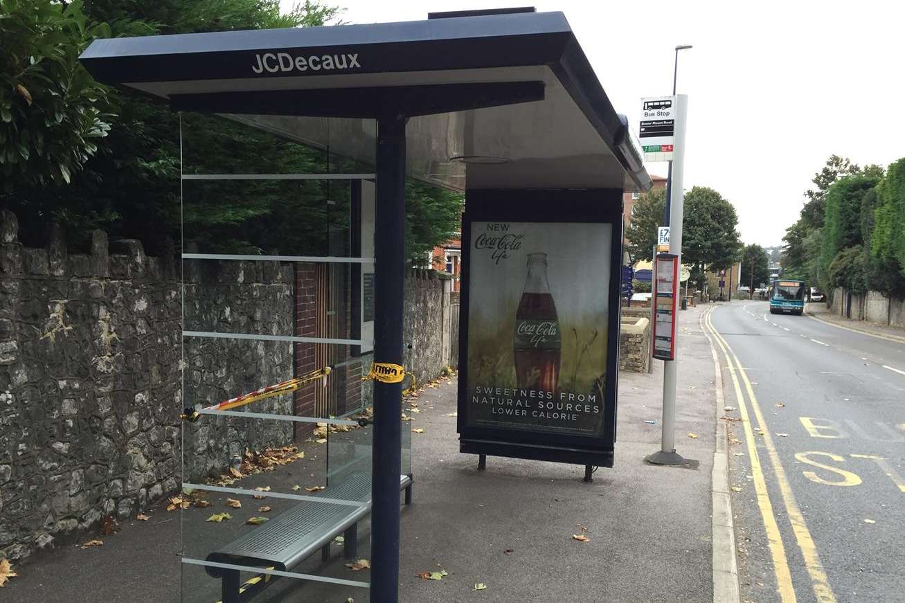 A bus stop was smashed on the London Road, Maidstone, at the junction with Bower Mount Road.