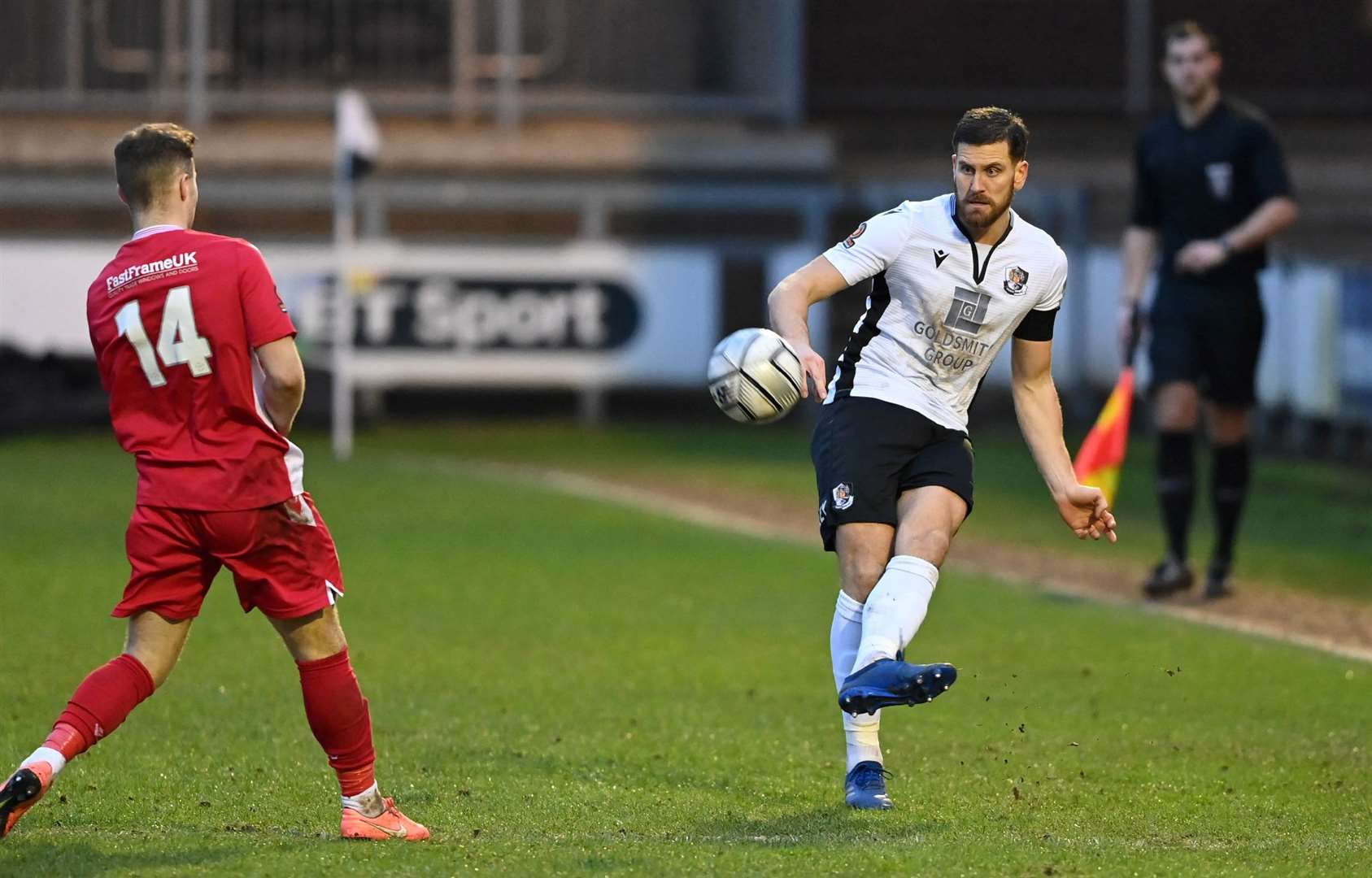 Covid times as Tom Bonner plays the ball forward at a virtually-empty Princes Park for Dartford against Hungerford in 2021. Picture: Keith Gillard