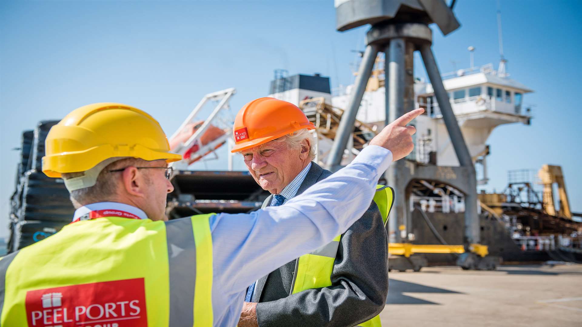 Paul Barker, port director at Peel Ports London Medway, and Lord Heseltine during their tour of the Port of Sheerness