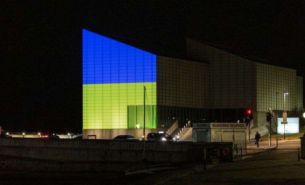 The Turner Contemporary in Margate lit up yellow and blue in support of Ukraine. Picture: Instagram/turnercontemporary