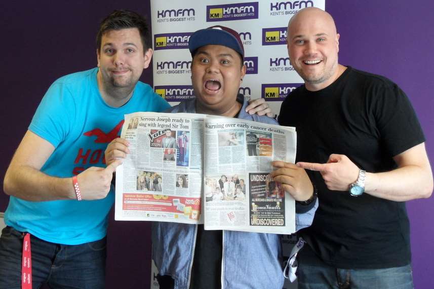 The Voice singer Joseph Apostol with kmfm presenters Rob Wills and Andy Walker