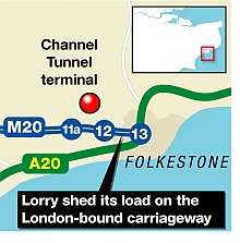 A lorry shed its load of beer bottles on the M20 on Tuesday. Graphic: Ashley Austen