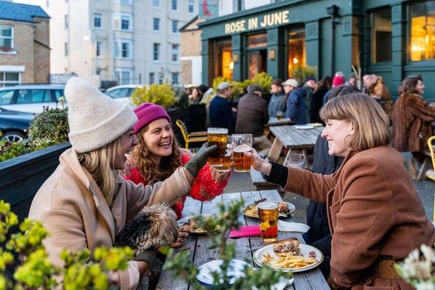 Crowds still flocked to pubs in April - despite the chilling weather and having to sit outside, such as here at the Rose in June, Margate. Picture: Shepherd Neame