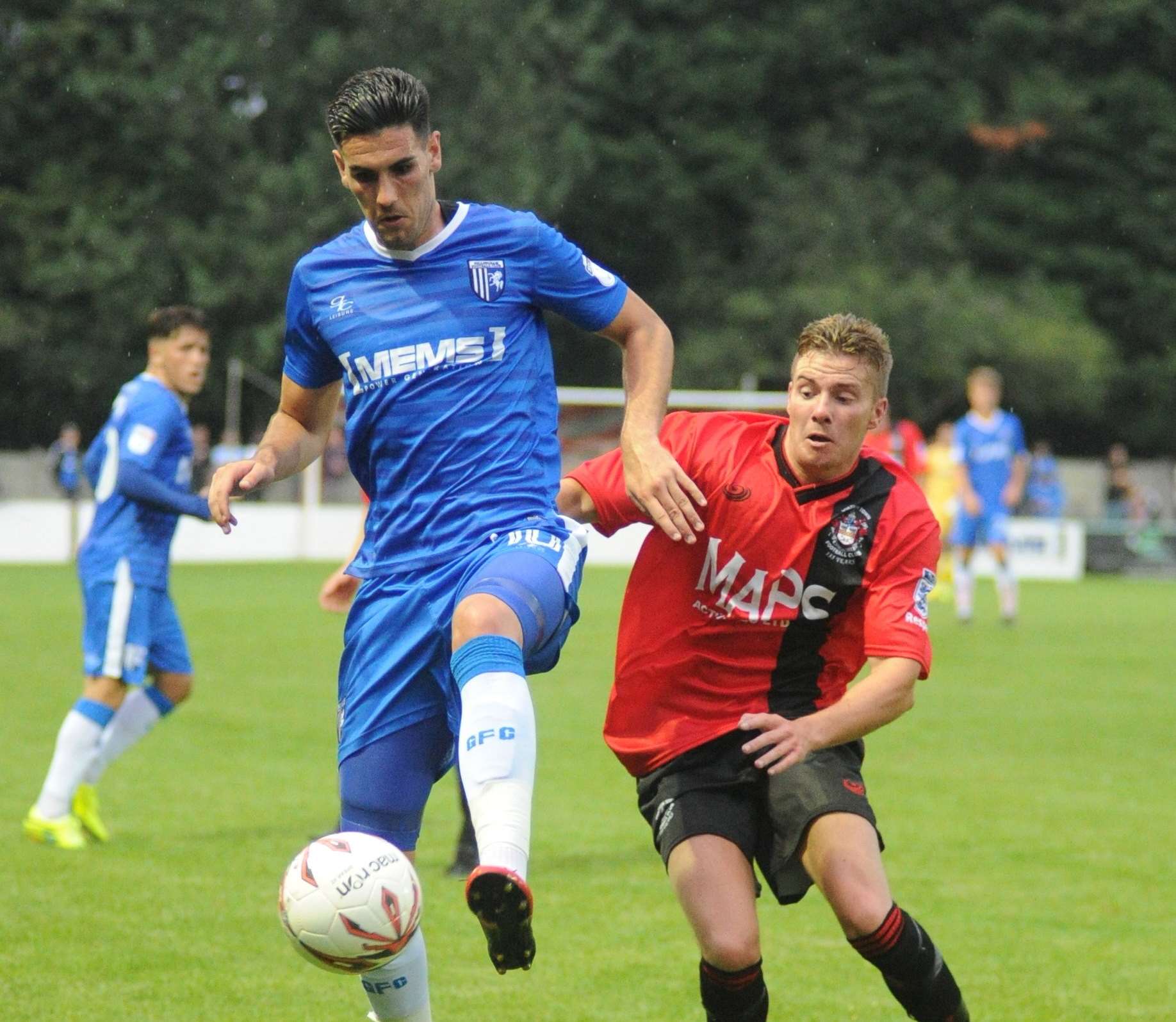 Conor Wilkinson in action for Gills at Chatham, where he scored twice Picture: Steve Crispe
