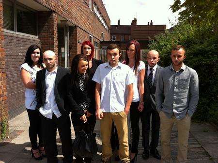 Michael Cox’s children and step-children at his inquest from left to right: Emma, 20, Michael, 22, Becca, 23, Jade (back), 24, Jordan, 16, Kayleigh, 22, Jack, 21 and Benn, 19.