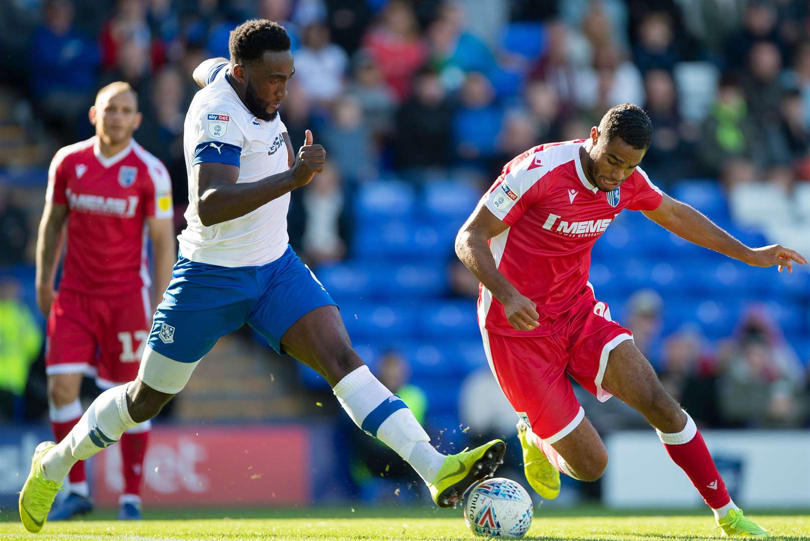 Mikael Mandron challenges Tranmere's Manny Monthe Picture: Ady Kerry