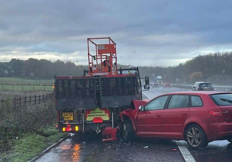 The red Audi which aquaplaned across the M20 before crashing into the lorry