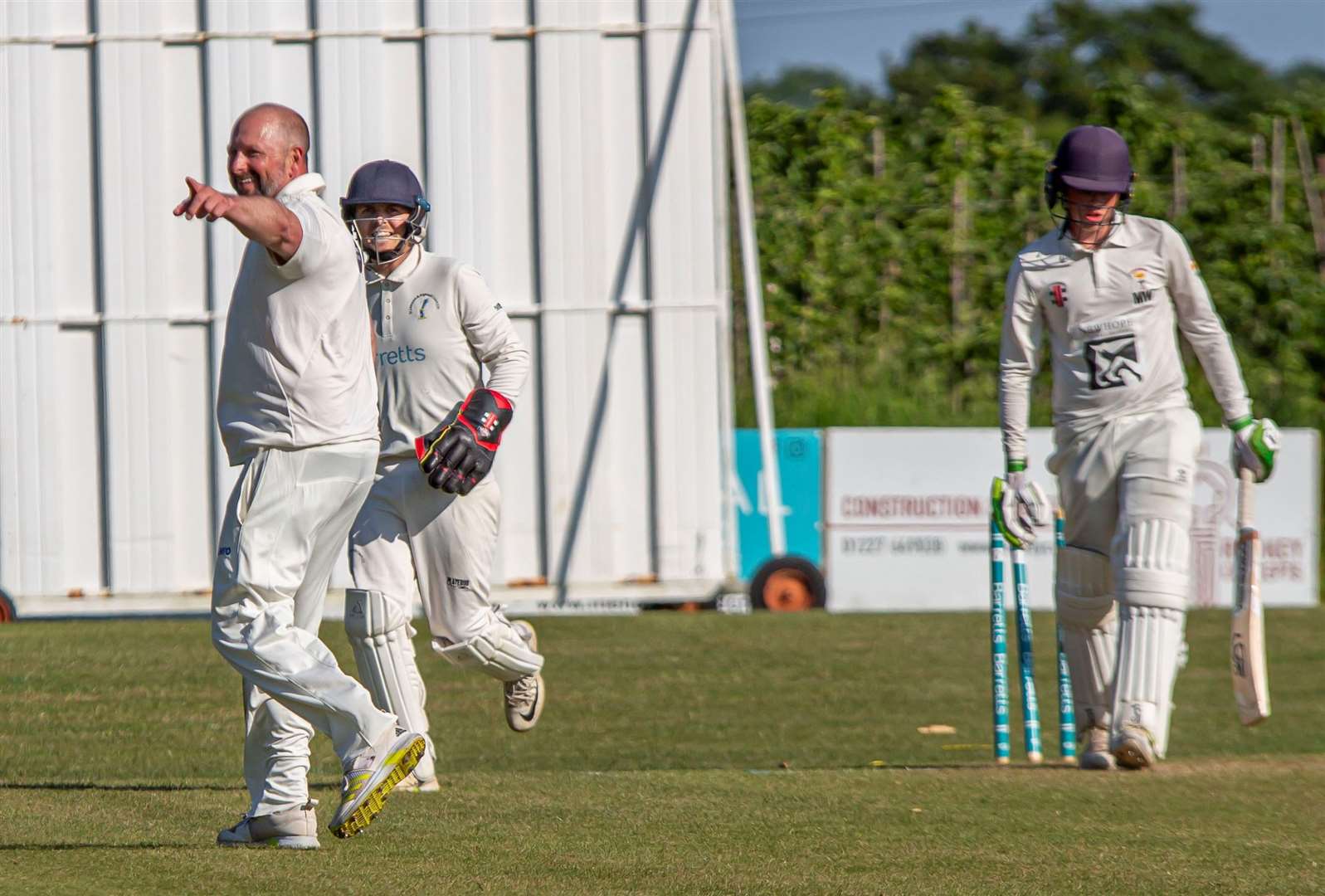 All-rounder Darren Stevens celebrates one of his wickets in St Lawrence & Highland Court’s weekend Kent League Premier Division win against Lordswood. Picture: Phillipa Hilton